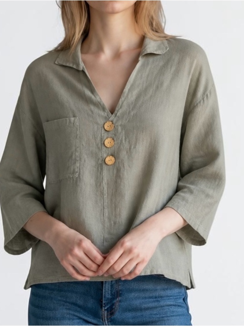 Women’s Beige Linen Top 3/4 sleeve Made in Italy Size XS Oversized Boxy